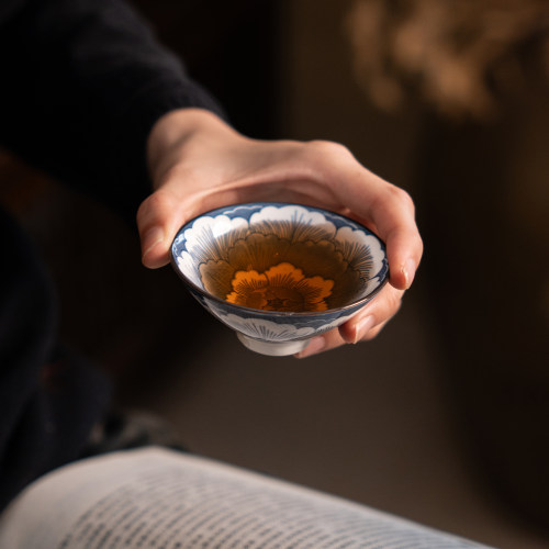 青花斗笠陶瓷茶杯家用茶杯主人杯茶具品茗杯复古斗笠杯中国风茶道