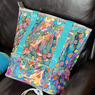 镭射笑脸防水游泳包大容量干湿分离海边沙滩包带鞋仓便携式单肩包