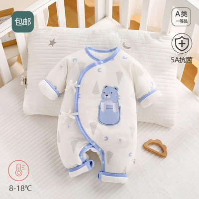 冬款婴儿系带连体衣保暖新生儿衣服0-3宝宝纯棉加厚夹棉服蝴蝶衣