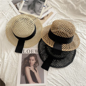 法式 黑飘带凹造型优雅镂空草帽女百搭平顶遮阳帽复古礼帽拍照帽子