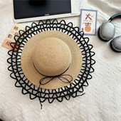气质名媛手工花边度假草帽女夏季 大帽檐拉菲草遮阳防晒海边沙滩帽