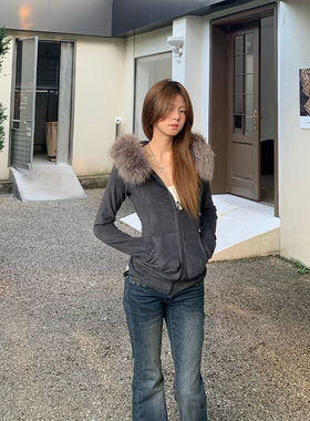 E7Q8 韩系纯欲毛领连帽拉链开衫外套女收腰显瘦百搭高级时尚上衣