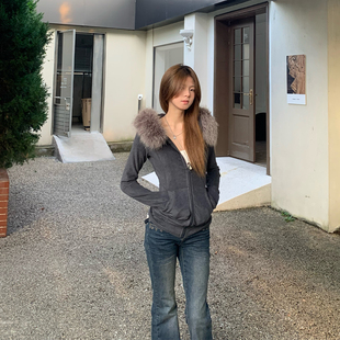 E7Q8 韩系纯欲毛领连帽拉链开衫外套女收腰显瘦百搭高级时尚上衣