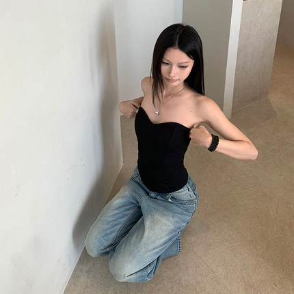 E7Q8 美式性感鱼骨背心女2023新款黑色辣妹修身显瘦短款打底上衣