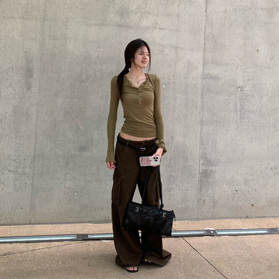 E7Q8 美式修身亨利衫长袖t恤女显瘦辣妹百搭休闲纯色打底衫小上衣