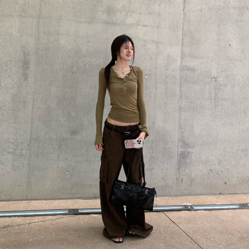 E7Q8 美式修身亨利衫长袖t恤女显瘦辣妹百搭休闲纯色打底衫小上衣