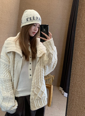 E7Q8 韩系大翻领毛衣针织外套女休闲百搭慵懒长袖麻花开衫小上衣