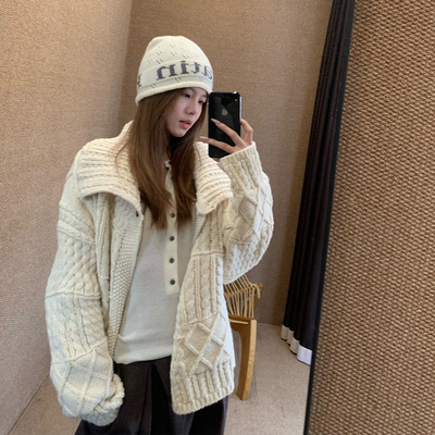 E7Q8 韩系大翻领毛衣针织外套女休闲百搭慵懒长袖麻花开衫小上衣