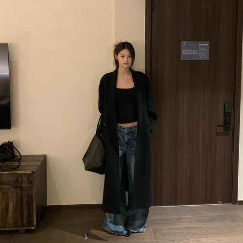 E7Q8 版型超正超绝棉羊毛大衣女韩系黑色百搭长款高级感显瘦外套