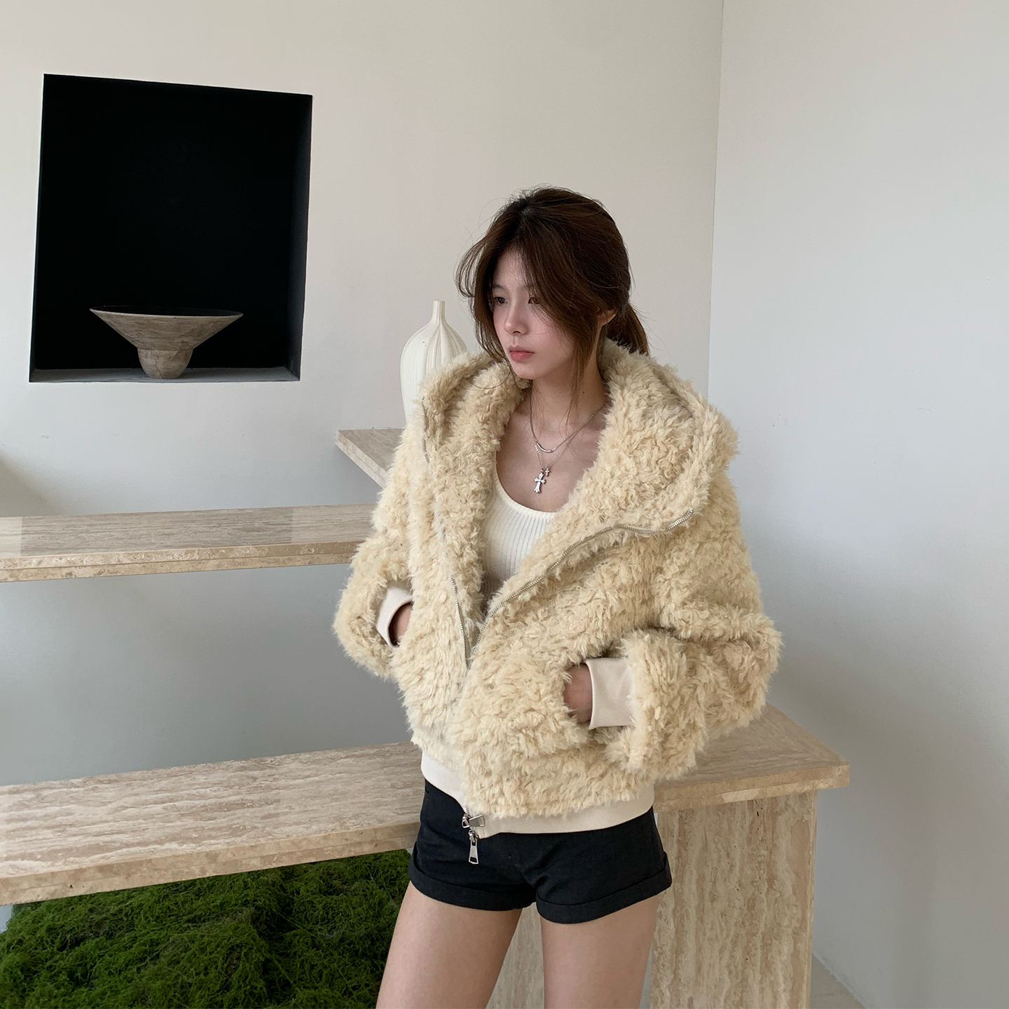 E7Q8 韩系短款毛毛连帽棉服外套女休闲百搭羊羔毛保暖长袖小上衣