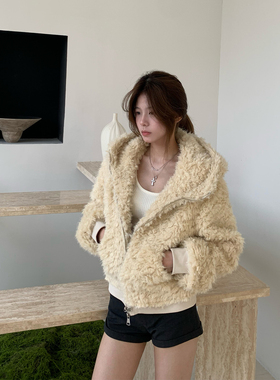 E7Q8 韩系短款毛毛连帽棉服外套女休闲百搭羊羔毛保暖长袖小上衣