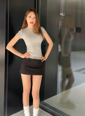 E7Q8 美式舒适百搭圆领修身显瘦收腰短袖t恤女2024夏季新款上衣