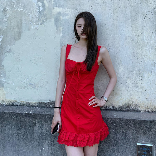 E7Q8 法式浪漫度假吊带辣妹连衣裙女收腰显瘦纯欲系带短裙A字裙子