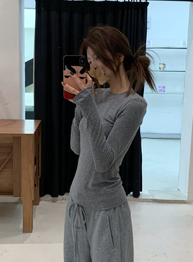 E7Q8 韩系修身百搭打底长袖t恤女纯色基础简约显瘦内搭叠穿小上衣