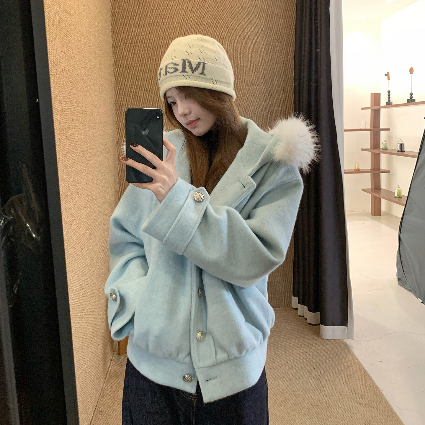 E7Q8 韩信毛领温柔蓝色保暖棉服外套女