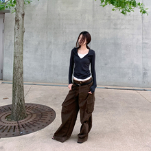 E7Q8 美式修身显瘦假两件长袖连帽卫衣女百搭随性短款套头效上衣