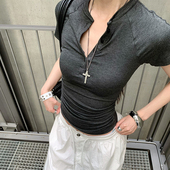 E7Q8 t恤女V领百搭性感热辣小上衣 显瘦正肩露背短袖 夏季 翻领修身