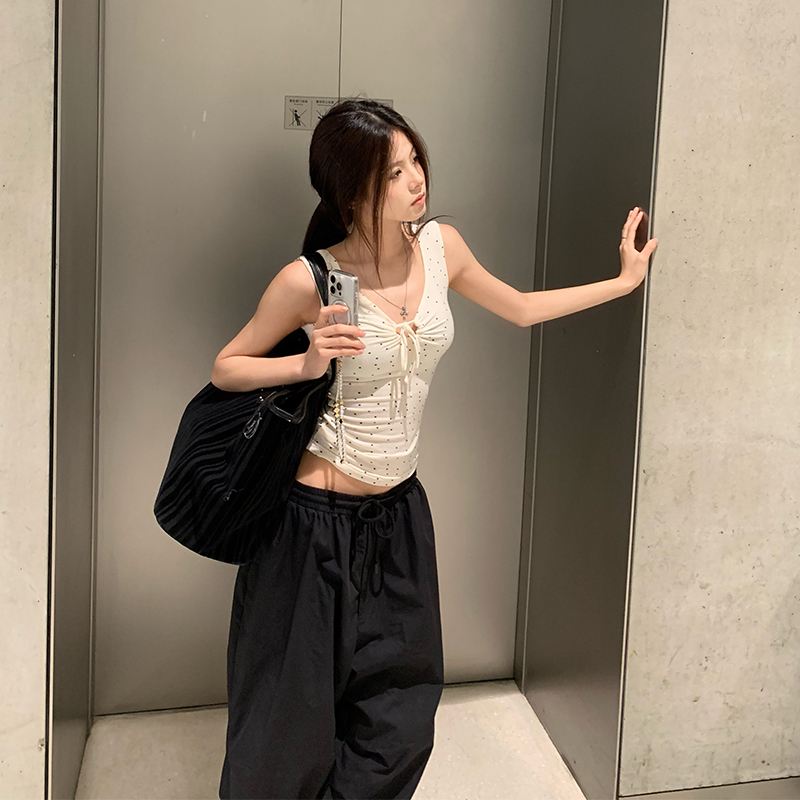 E7Q8 韩系纯欲甜辣风波点绑绳吊带女收腰显瘦修身背心百搭小上衣