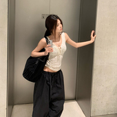 E7Q8 韩系纯欲甜辣风波点绑绳吊带女收腰显瘦修身 背心百搭小上衣