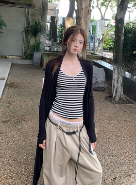 E7Q8 韩系辣妹条纹吊带开衫两件套女修身显瘦百搭休闲打底衫上衣