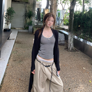 E7Q8 韩系辣妹条纹吊带开衫两件套女修身显瘦百搭休闲打底衫上衣