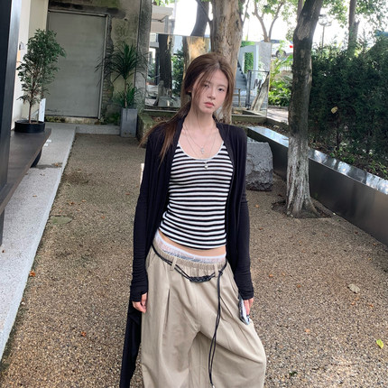 E7Q8 韩系辣妹条纹吊带开衫两件套女修身显瘦百搭休闲打底衫上衣