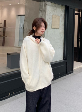 E7Q8 韩系纯色连帽针织拉链长袖外套女宽松显瘦慵懒百搭打底外套