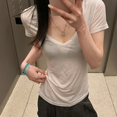 天丝凉感V领显瘦短袖 E7Q8 夏季 t恤女微透心机掐腰甜辣休闲小上衣