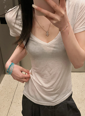 E7Q8 夏季天丝凉感V领显瘦短袖t恤女微透心机掐腰甜辣休闲小上衣