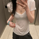 天丝凉感V领显瘦短袖 E7Q8 夏季 t恤女微透心机掐腰甜辣休闲小上衣
