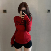 2024春夏新款 美式 红色针织长袖 E7Q8 T恤女甜辣修身 显瘦微透上衣