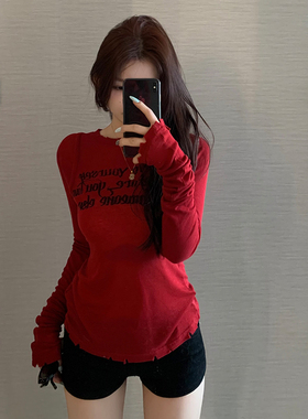 E7Q8 2024春夏新款美式红色针织长袖T恤女甜辣修身显瘦微透上衣