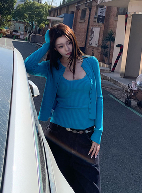 E7Q8 韩系纯欲辣妹针织吊带开衫两件套女多色百搭修身显瘦小上衣