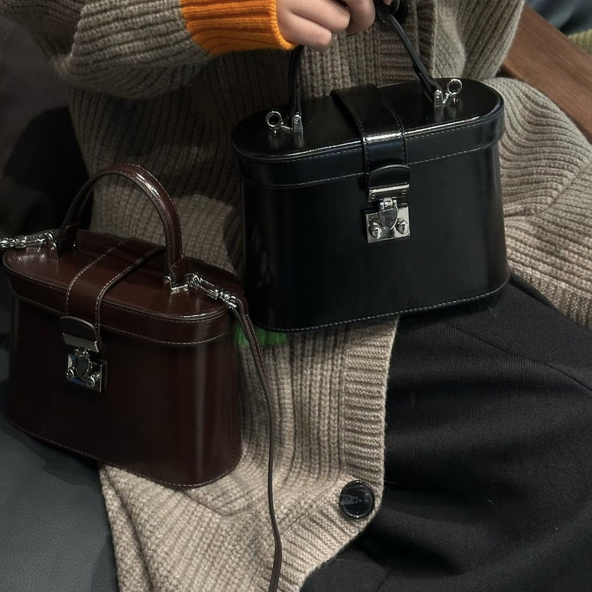 2025新款时尚真皮手提盒子包轻奢小众设计单肩斜挎包高级感牛皮包