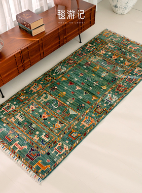 毯游记阿富汗进口羊毛地毯复古长条走道蓝绿色手工gabbeh193x82CM