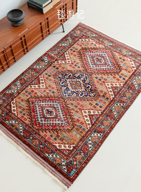 毯游记 阿富汗手工羊毛复古红色客厅地毯波斯编织高级感166x111CM