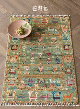 毯游记 进口羊毛复古客厅地垫 阿富汗手工编织无胶绿色118x82CM
