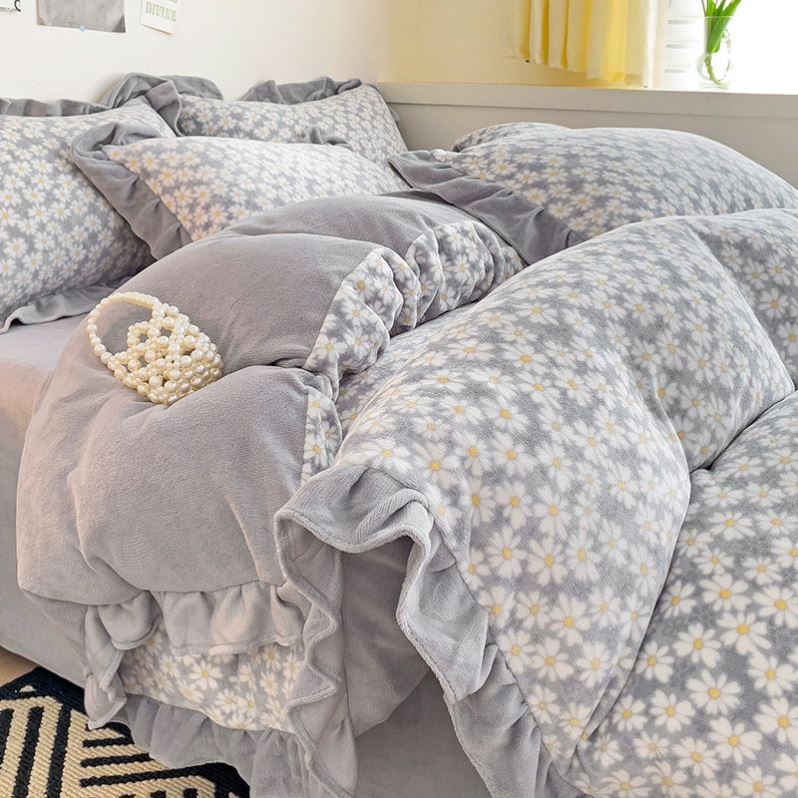 ins公主风牛奶绒加厚被套四件套灰色加绒床单小雏菊被套碎花4件套