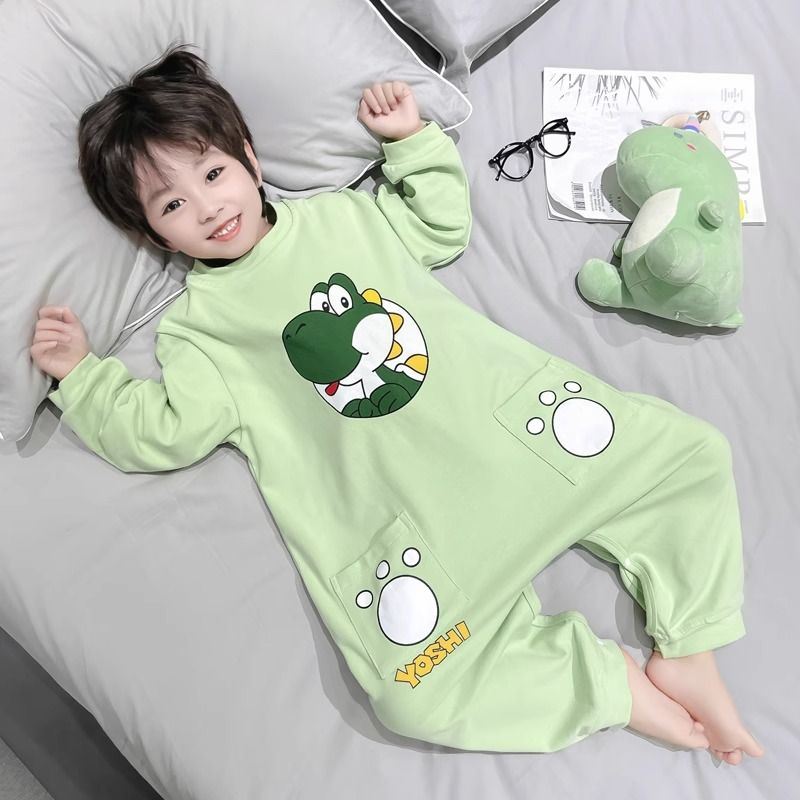 儿童连体睡衣男童春秋长袖德绒男孩宝宝连身防踢被护肚睡袋家居服
