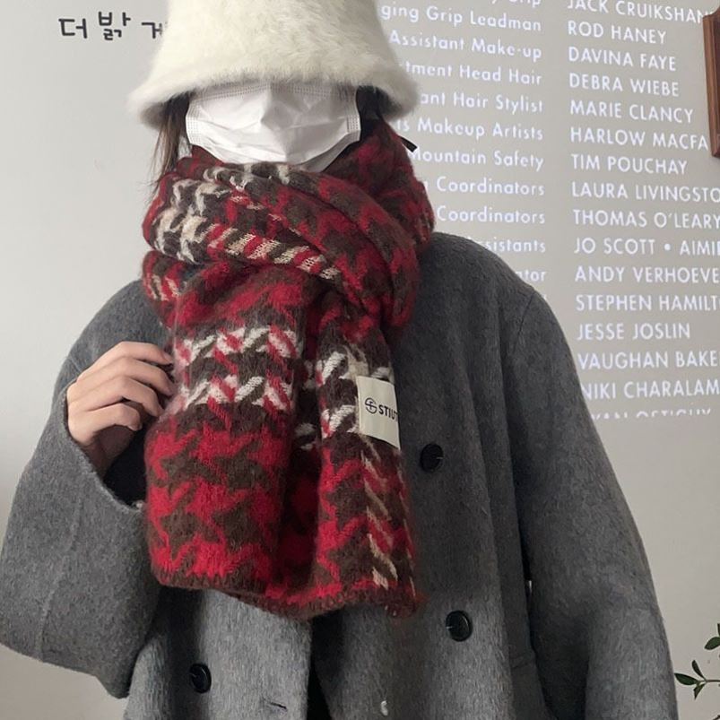 高级感千鸟格子软糯围巾女2024新款冬季韩系氛围加厚保暖围脖披肩