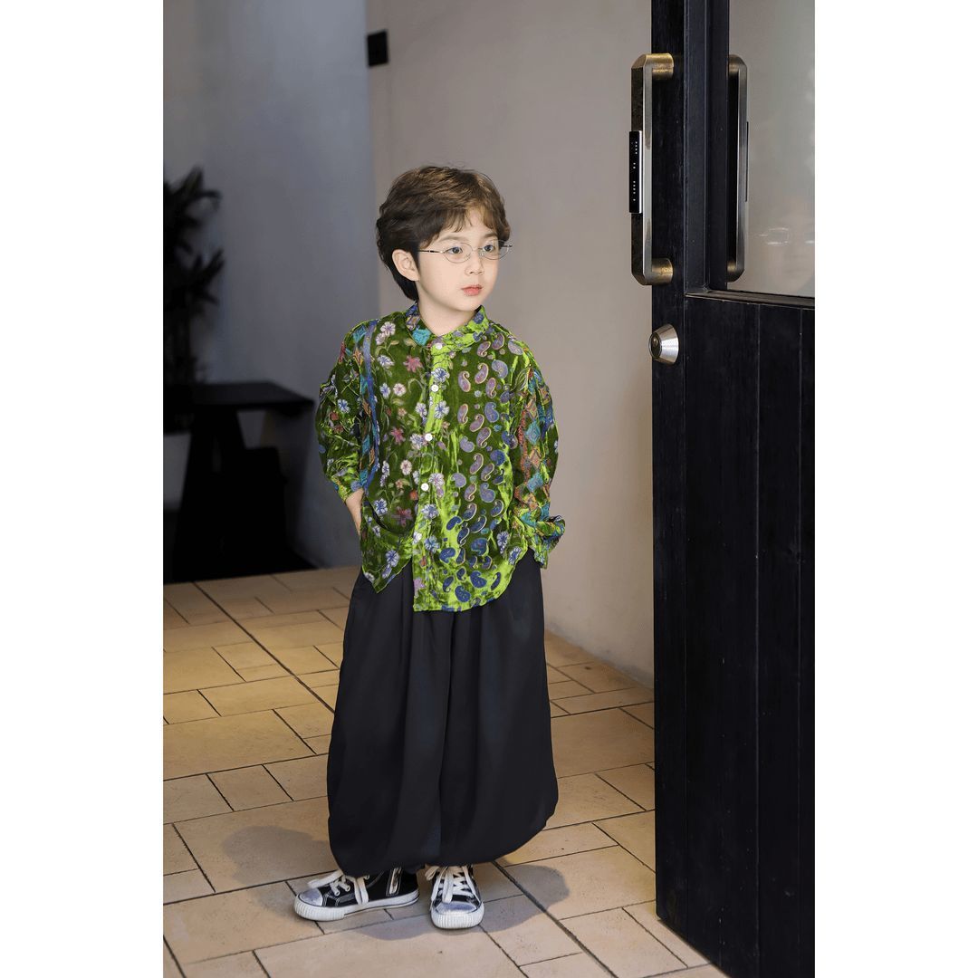 男女童春夏薄款衬衫灯笼裤套装2026新款时尚休闲花衬衫黑色灯笼裤