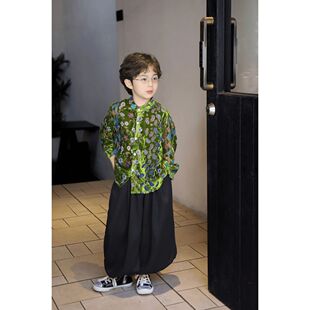 男女童春夏薄款衬衫灯笼裤套装2026新款时尚休闲花衬衫黑色灯笼裤