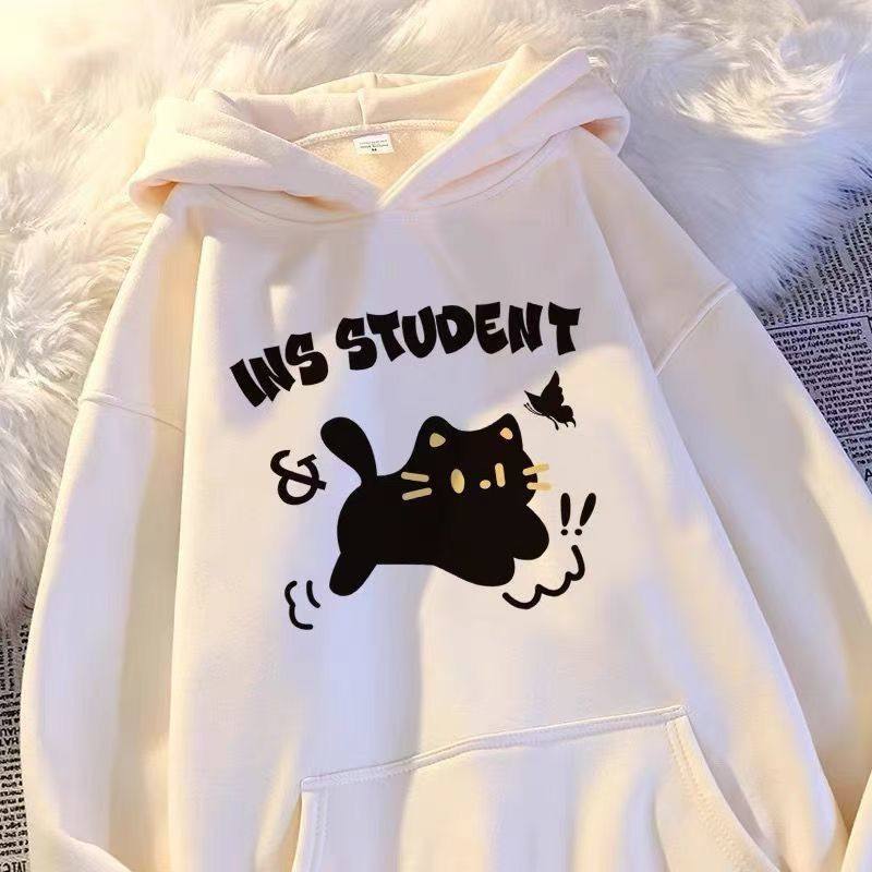 女童秋冬百搭小猫咪加绒连帽卫衣