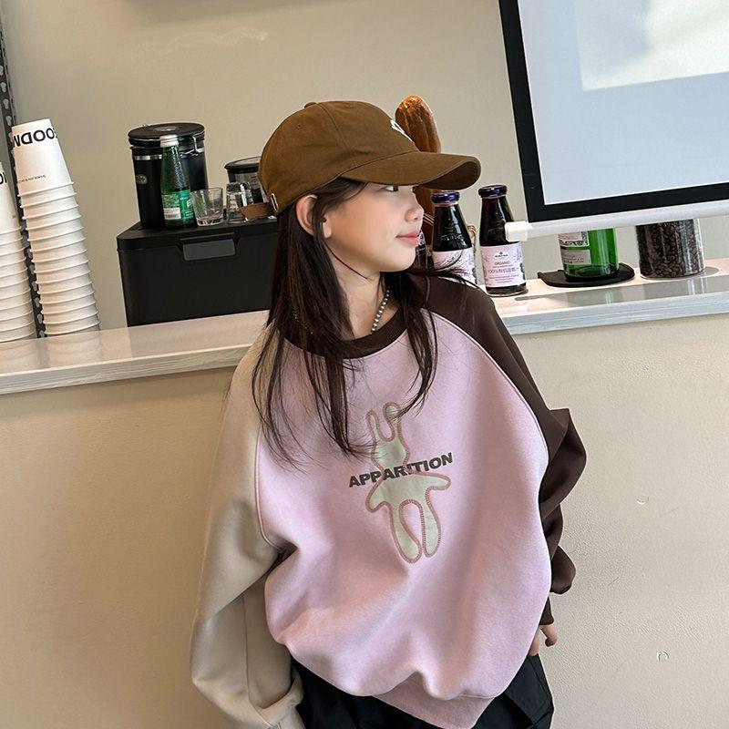 女童新款春装圆领卫衣卡通撞色