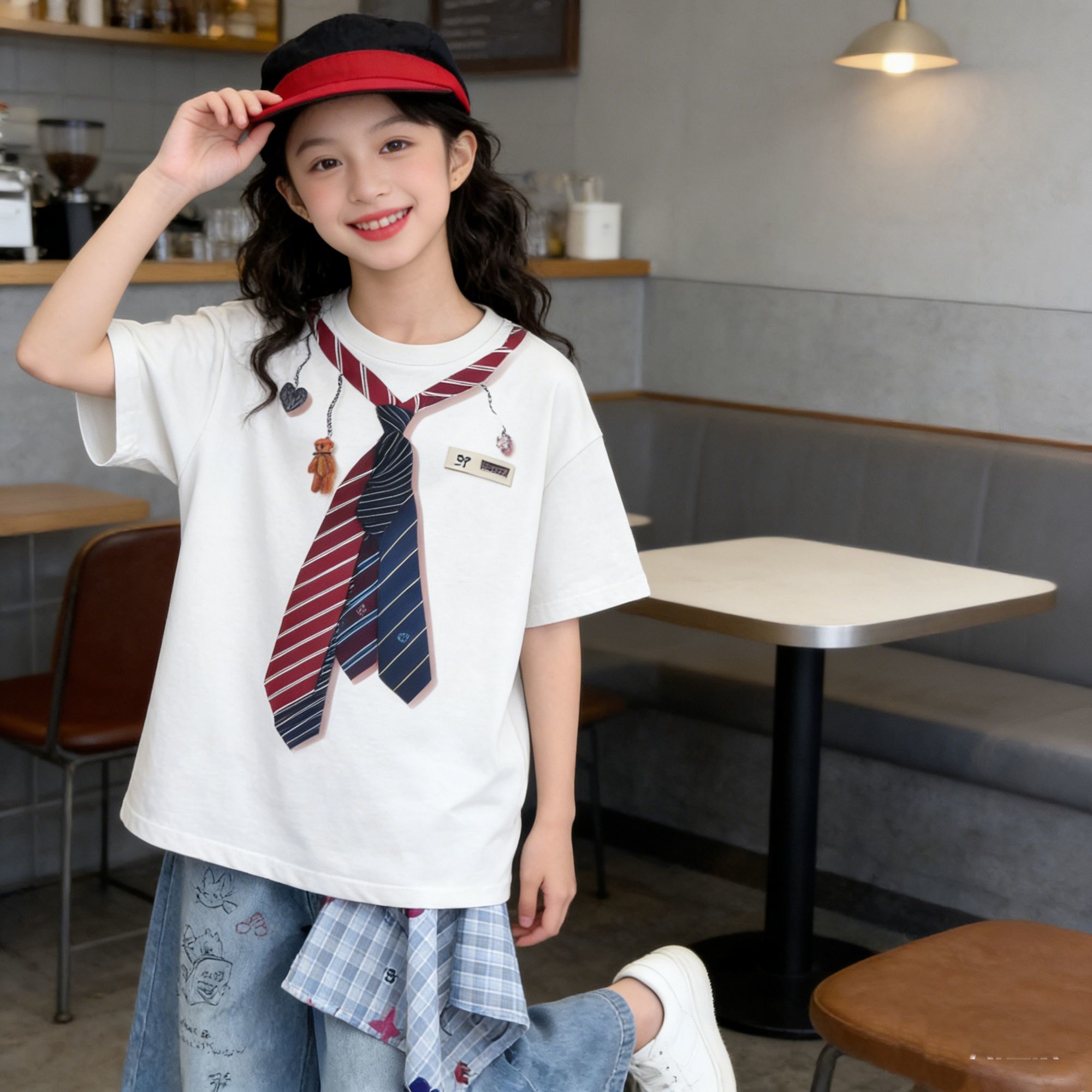 女童儿童纯棉短袖学院风2026新款印花领带夏季T恤夏装中大童上衣