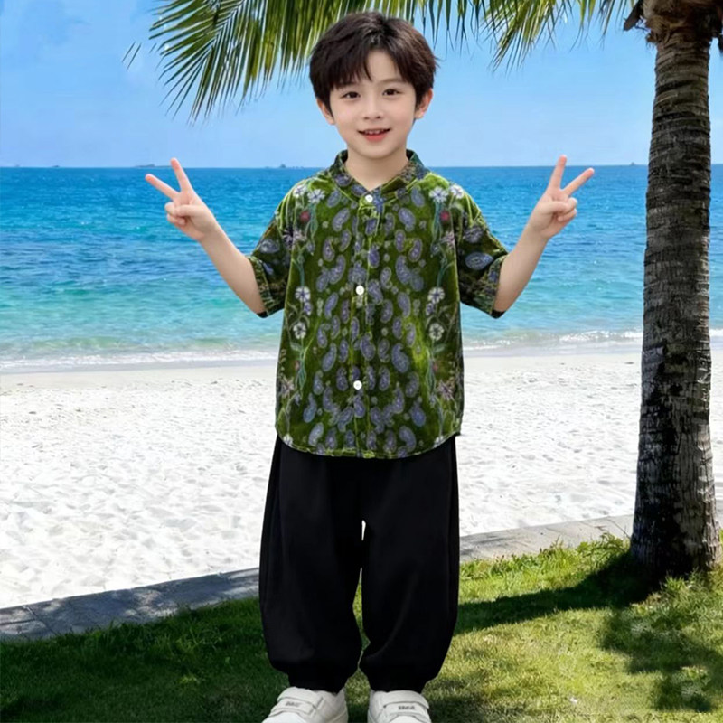 男童休闲夏季衬衫两件套2026新款中式国潮男孩花衬衫时尚短袖套装