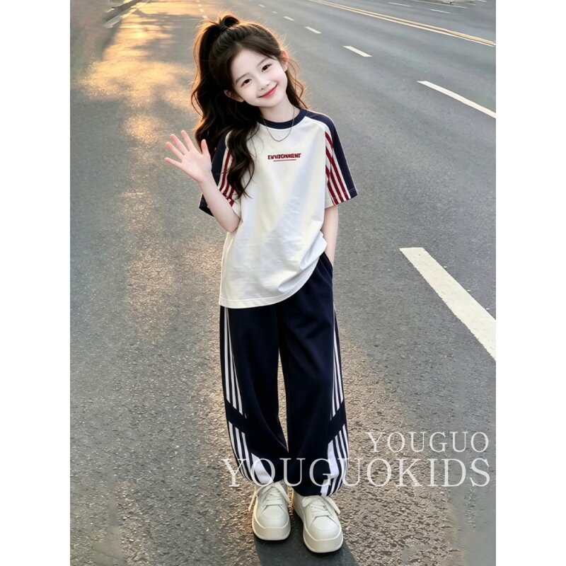 女童套装夏装2026新款洋气儿童时髦学院风夏季休闲短袖运动两件套