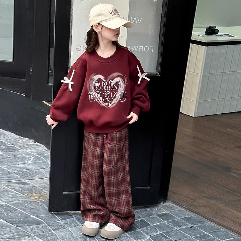 女童秋冬红色加绒卫衣休闲格子裤