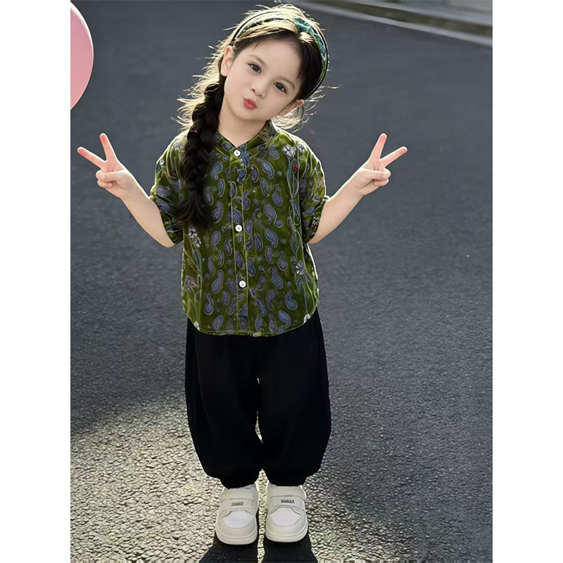 女童时尚花衬衫套装2026夏季新款女宝中式国潮花衬衫女孩时尚上衣