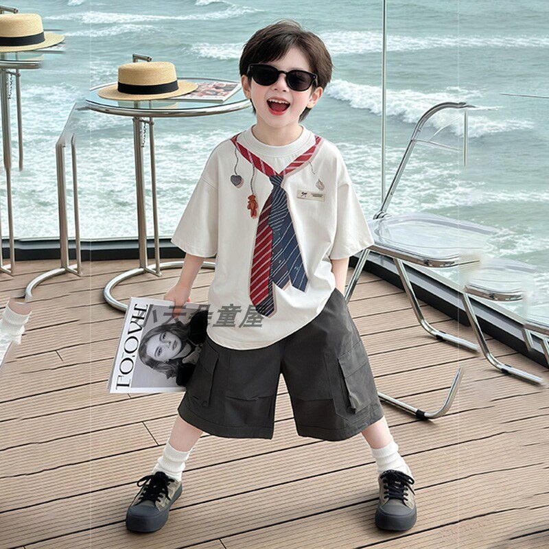 男童夏季潮流印花领结短袖T恤2026新款中大儿童洋气设计感上衣韩